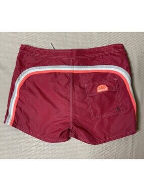Sundek Red Nylon Swim Surf Board Shorts Men’s Size 33 Rainbow Stripes Lined